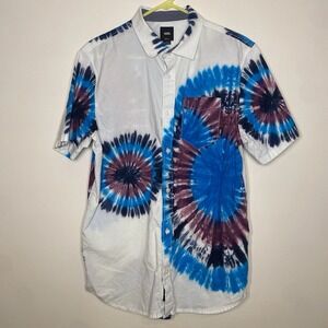 Vans Tie Dye Mens Medium Blue Button Up Short Sleeve Shirt Skater Colorful